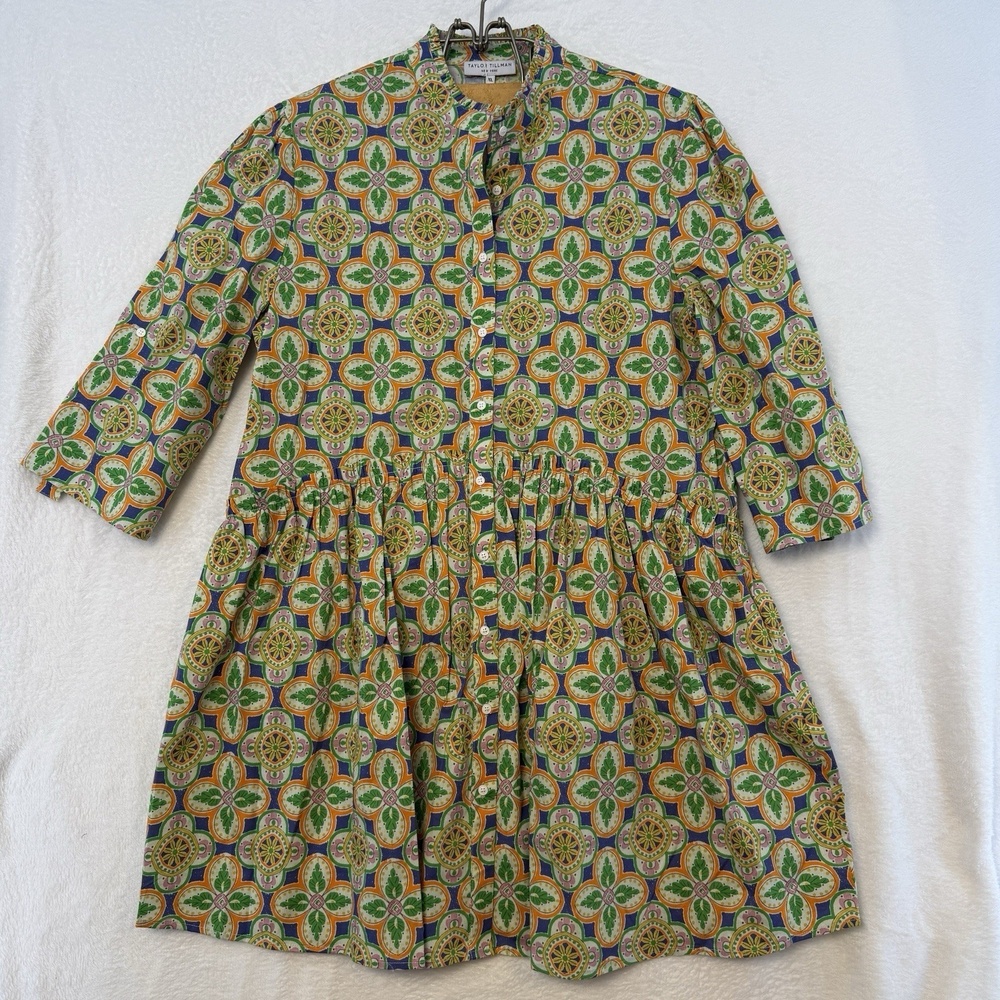 NWT Taylor Tillman Cammie Dress Mosaic Tile XL Cotton Poplin Boho Green Preppy